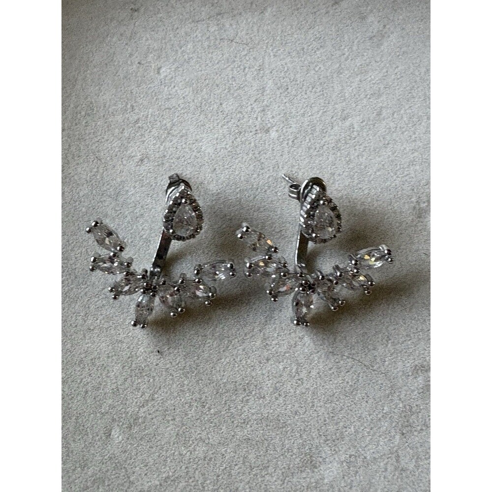 Pair Of Silver Toned Cubic Zirconia  Ear Jacket 2 Piece Stud/ Dangle Earrings